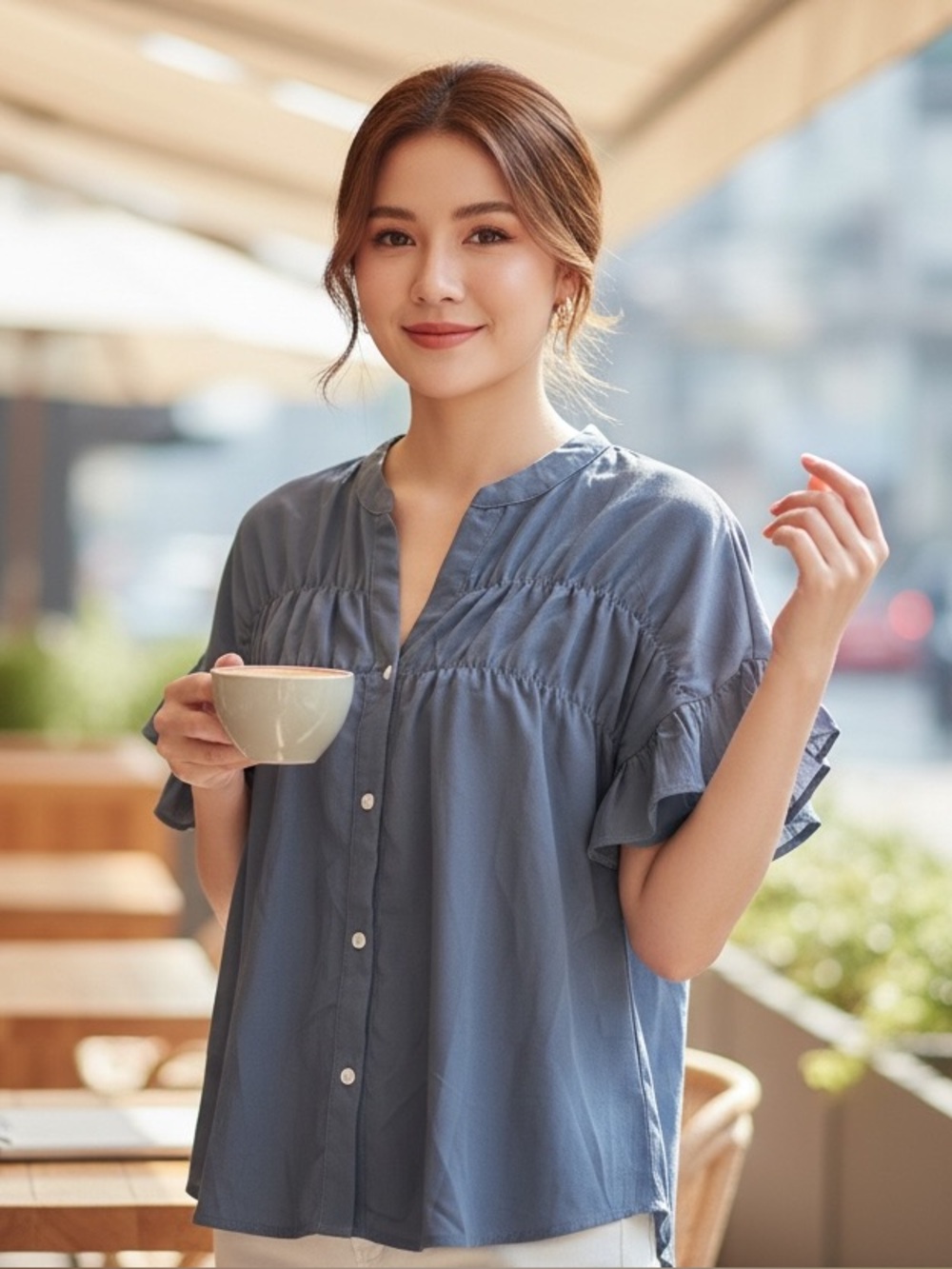 Button-Front Ruffle Sleeve Blouse — Blue
